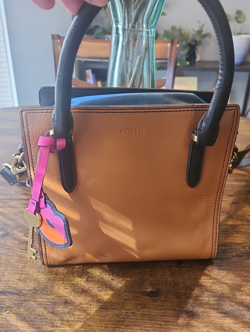 Fossil Tan Satchel with Black Handles and Pink Charm